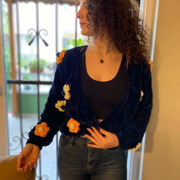 Flower Pattern Velvet Midnight Blue Velvet Cardigan for Woman without Buttons - Picture 6 of 7